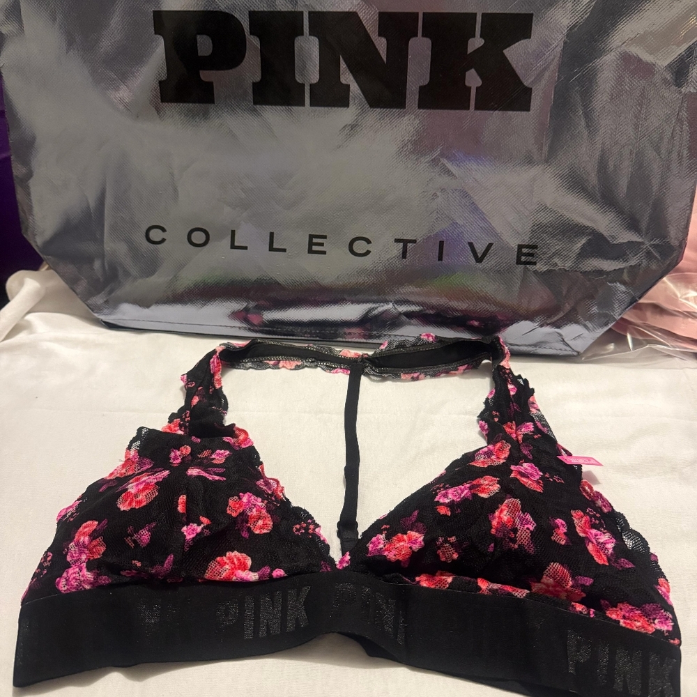 PINK Victoria's Secret Black and Pink Floral Bralette